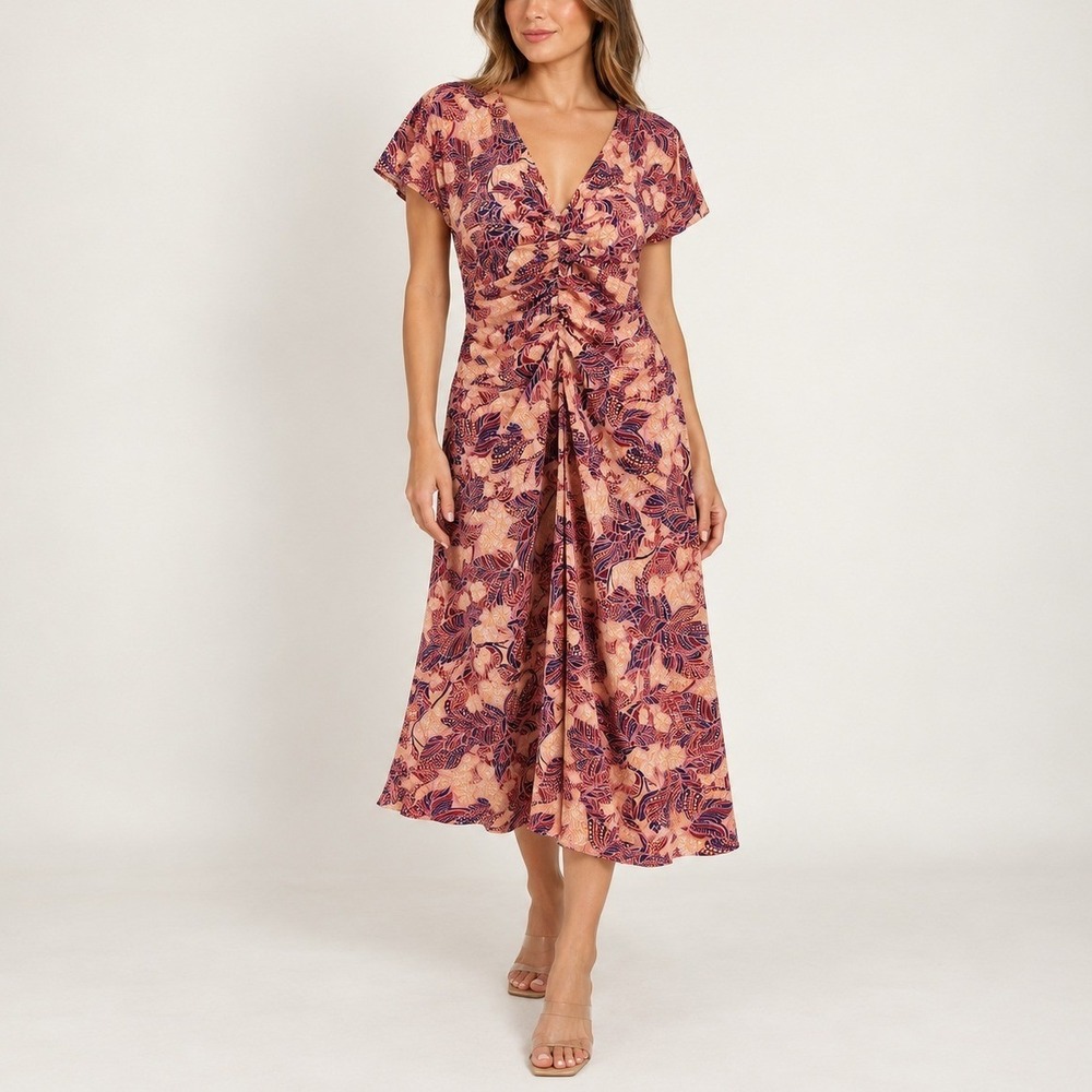 A.L.C. Elodie Silk Midi Dress 10 Floral Gathered Waist